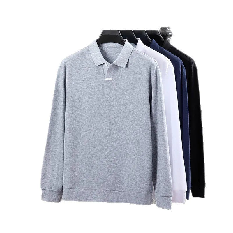 Men's grey loose fit cotton polo shirt with long sleeves and a lapel collar on a hanger.