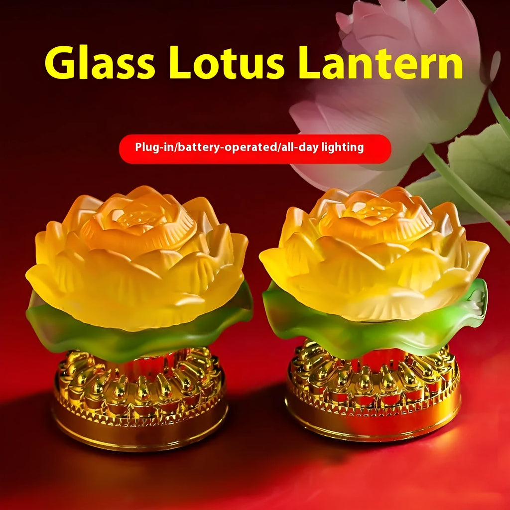 Yellow Chinese style Buddha lotus lamp on a wooden surface, shown in both flower bud and flowering designs.