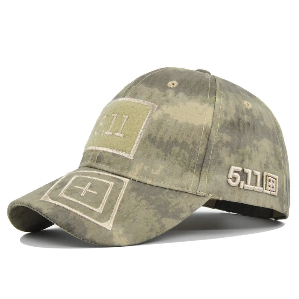 Cotton baseball cap with wide brim and adjustable back, displayed on a neutral background
