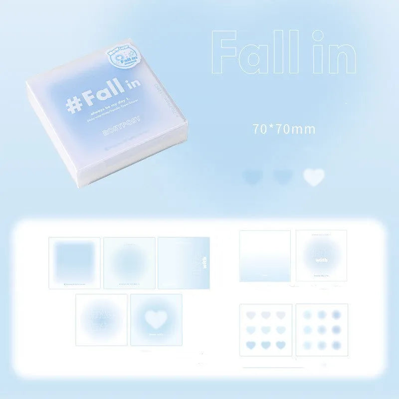 70x70mm paper brick notepad with gradient cover alongside sticky notes, post-its, and stickers.