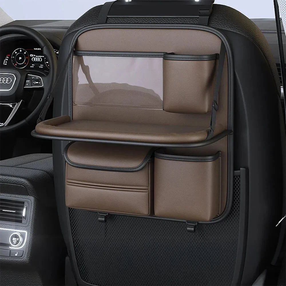 Leather car seat storage bag with carrying handle shown in black, hanging over a car seat.