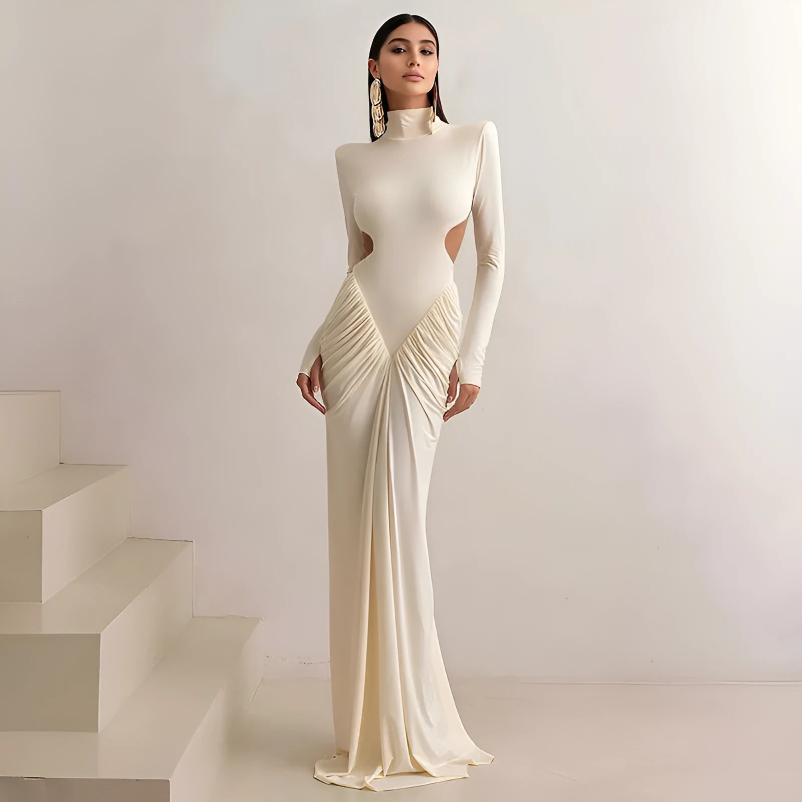 Women's long sleeve high collar backless pleated dress in slim fit with solid colour options
