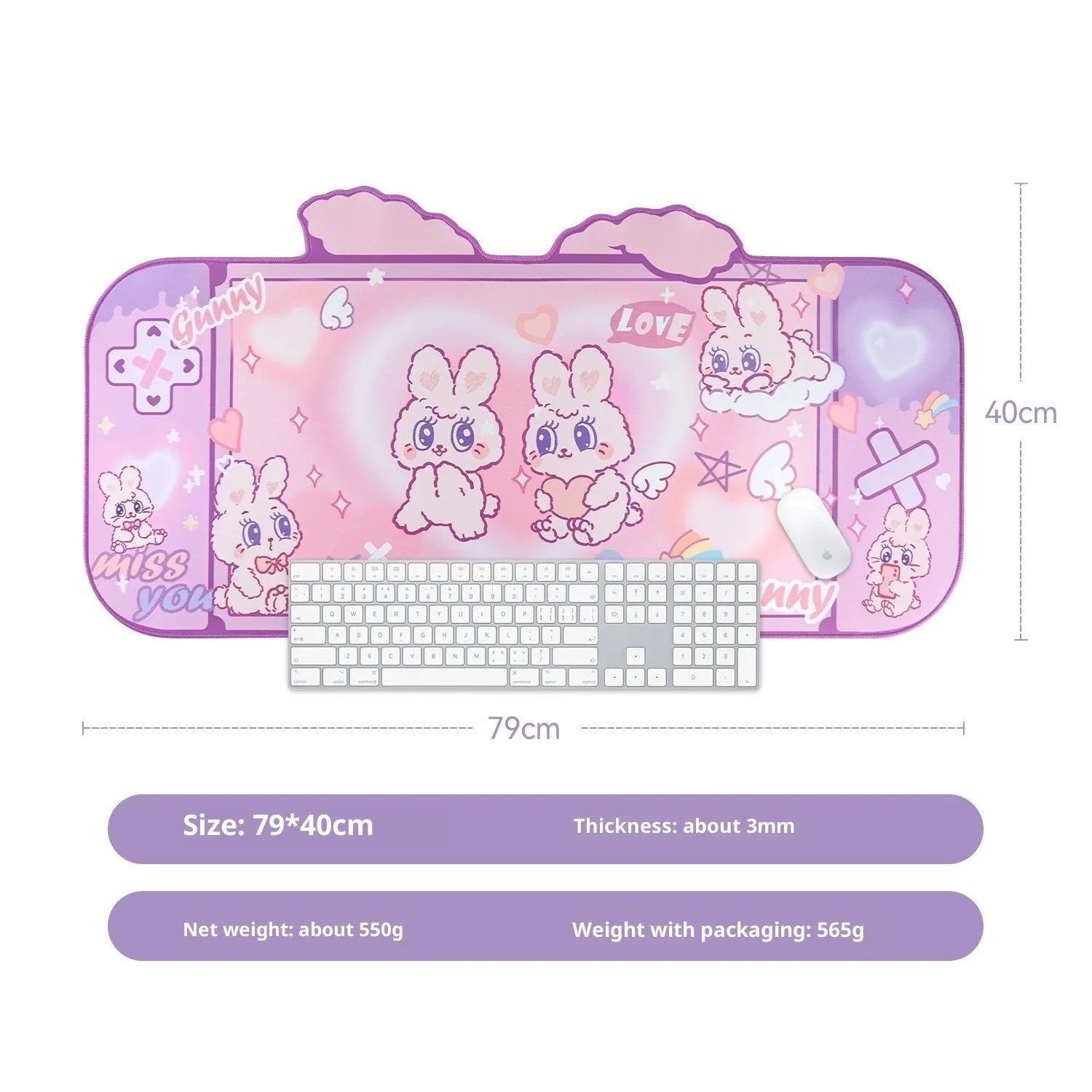 Fluffy rabbit oversized mouse pad 73x40cm on desk with natural rubber base and thermal transfer print