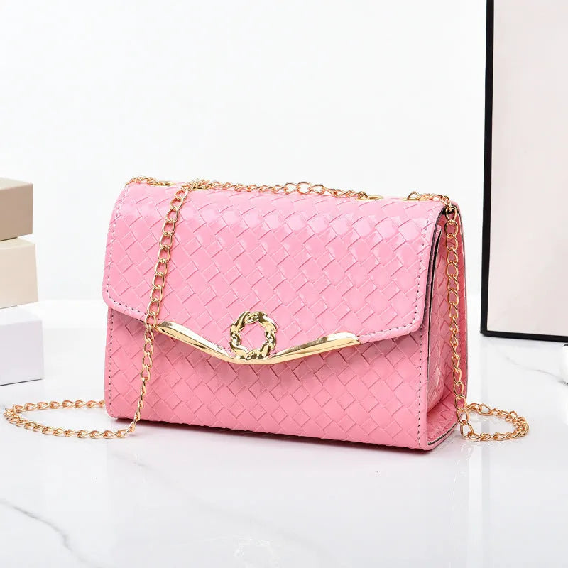 Small PU leather chain shoulder messenger bag in solid colour with woven detail and clamshell opening