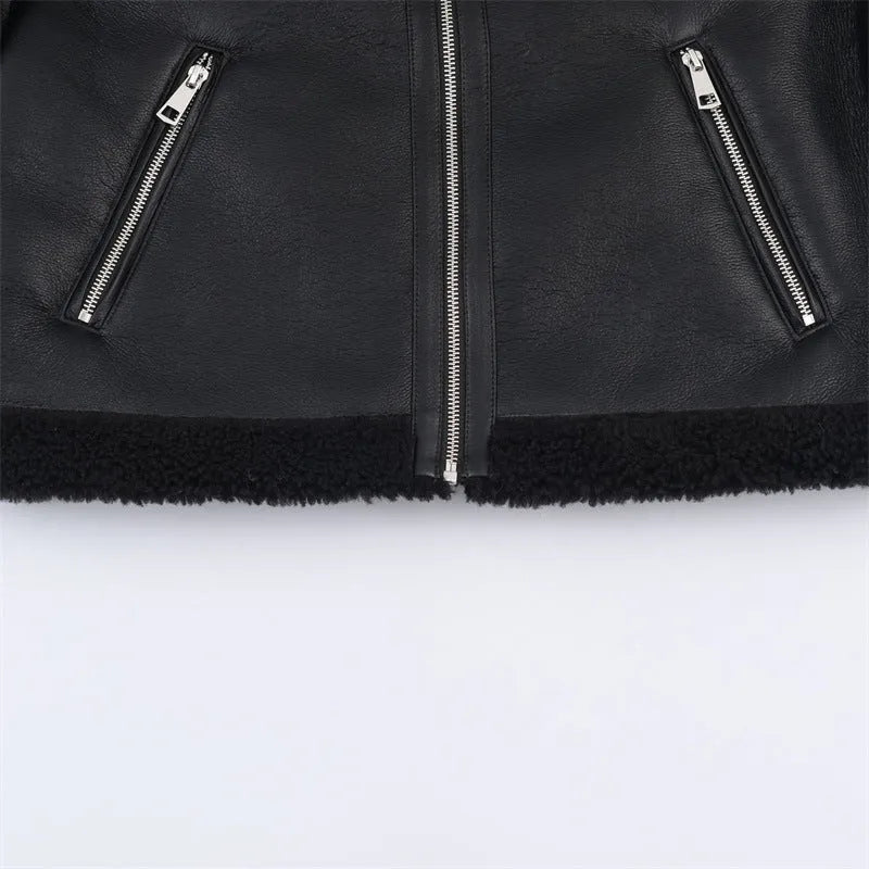 Women's black double-sided fleece jacket with PU fabric, shown front view, casual style, medium thickness.