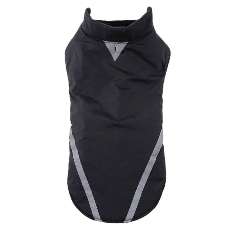 Cotton dog jacket for large dogs, two-legged design, shown in black with size chart
