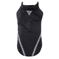 Cotton dog jacket for large dogs, two-legged design, shown in black with size chart