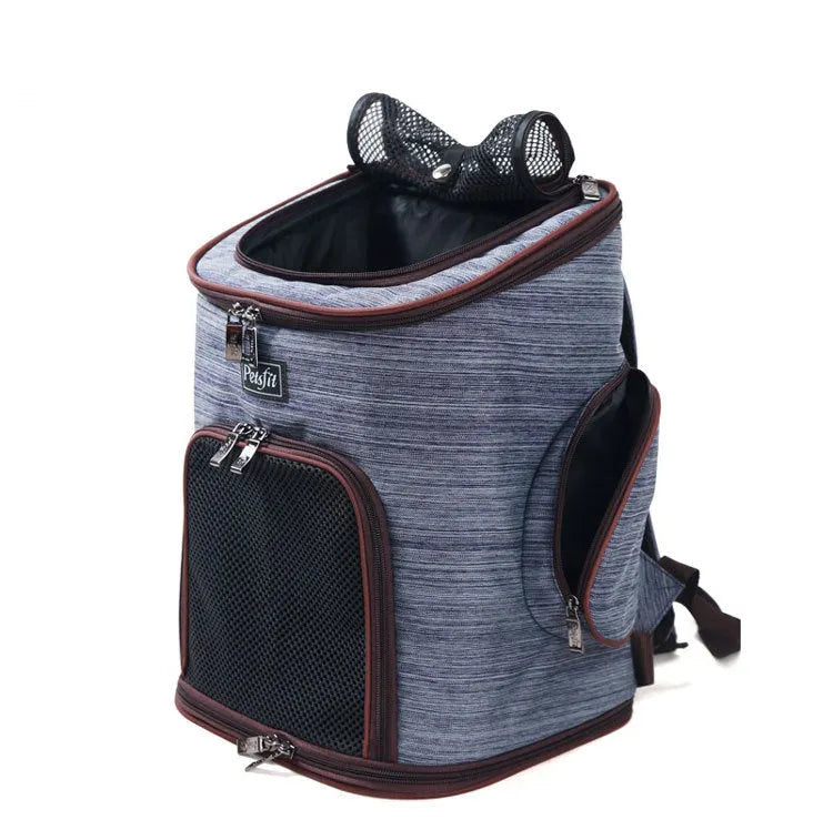 Blue pet dog backpack made from Oxford cloth and hexagonal mesh, designed for carrying small pets up to 15 jin