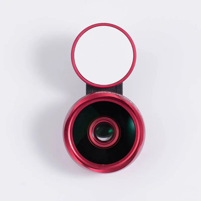 Mobile phone wide-angle camera lens with LED lights in black, red and silver grey