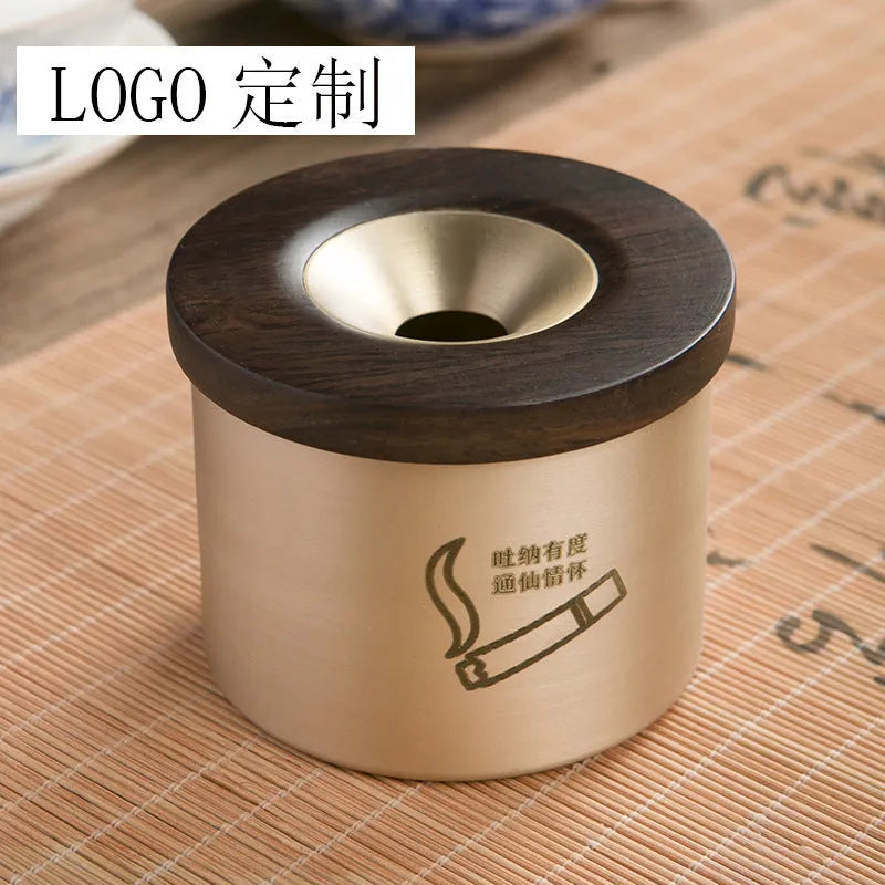 Retro brass ashtray with wooden lid and centre hole, solid copper construction for indoor smoking