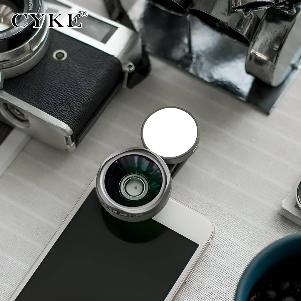 Mobile phone wide-angle camera lens with LED lights in black, red and silver grey