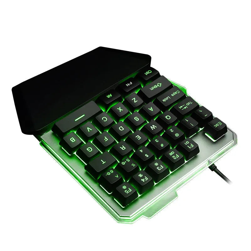 Black robotic one-handed keyboard with RGB backlit keys and a USB cable.