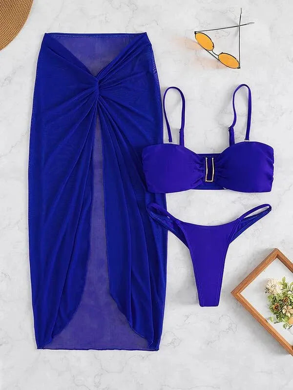 Women's three-piece bikini set with long culotte skirt in multiple solid colours