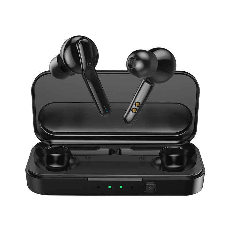Black and white true wireless Bluetooth earbuds with IPX5 waterproof rating.