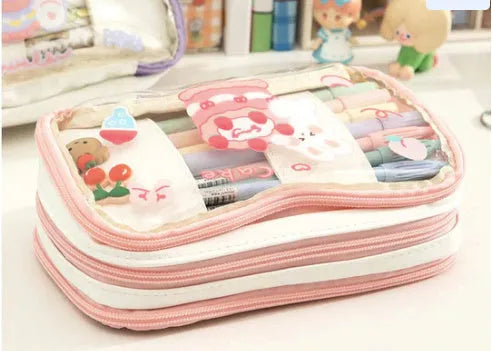 Transparent heart-shaped Japanese pen case with Korean style rabbit patterns in TPU material