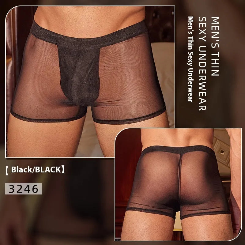 Men's black and white breathable nylon boxer briefs on a plain background.