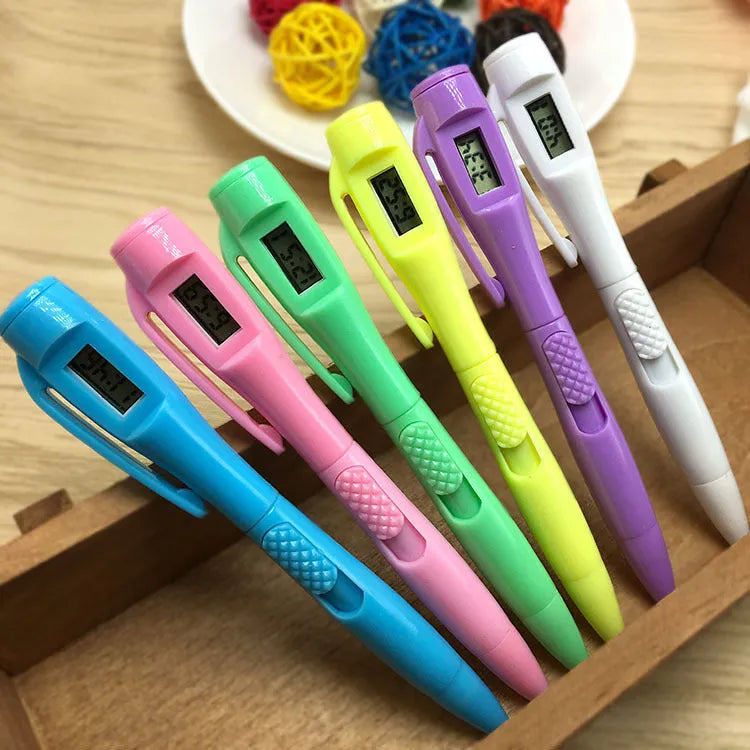 Electronic watch ballpoint pen with plastic shell and digital clock display, available in multiple pen head colours