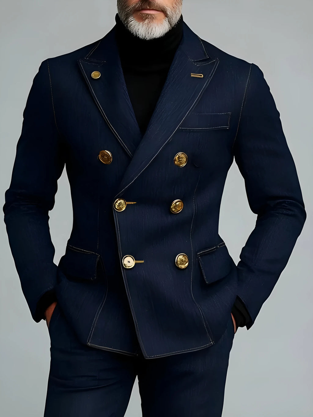 Men's double-breasted denim blazer in blue, regular fit, button closure, front view