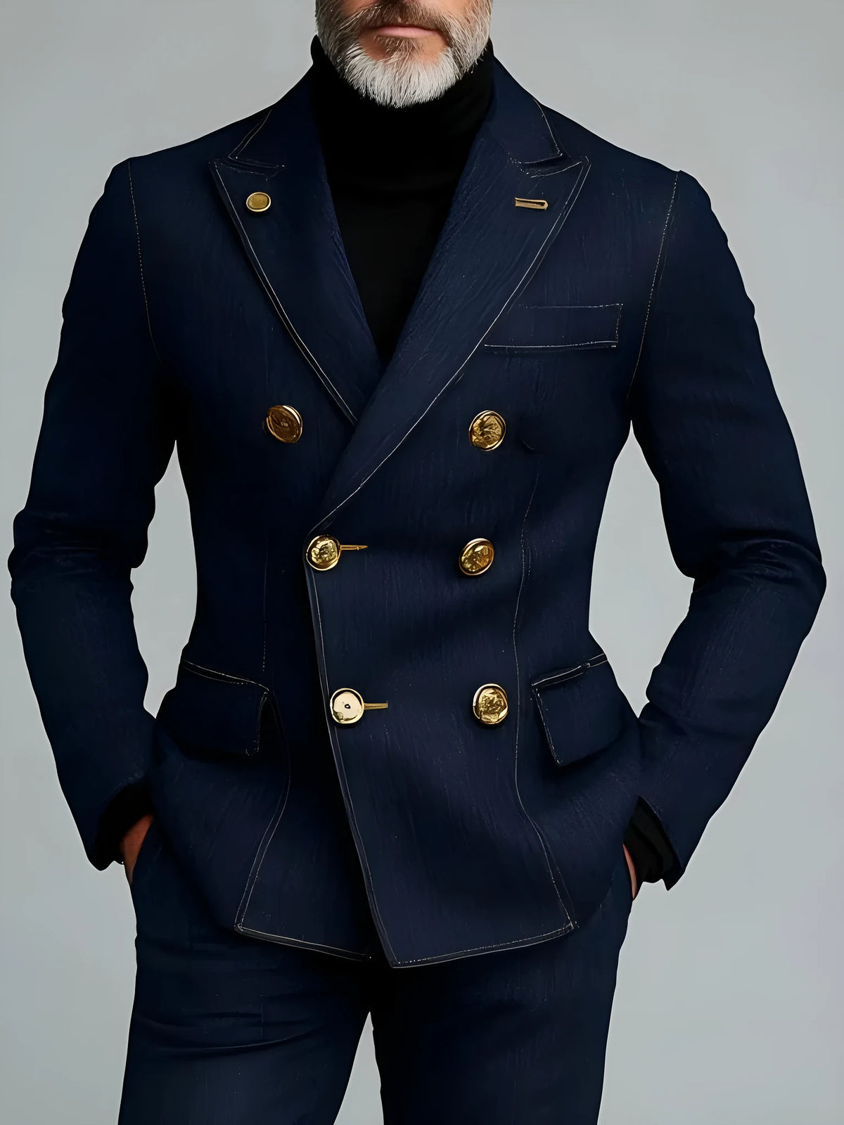 Men's double-breasted denim blazer in blue, regular fit, button closure, front view