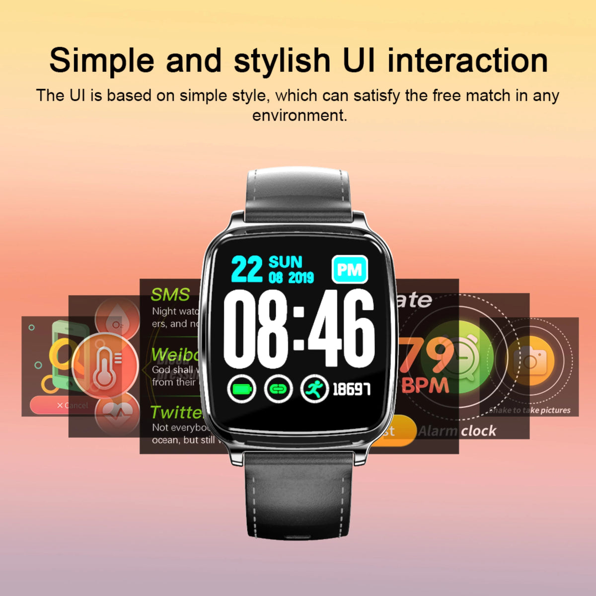 M8 multi-function smart bracelet with heart rate monitor, zinc alloy body and TPU strap on a wrist