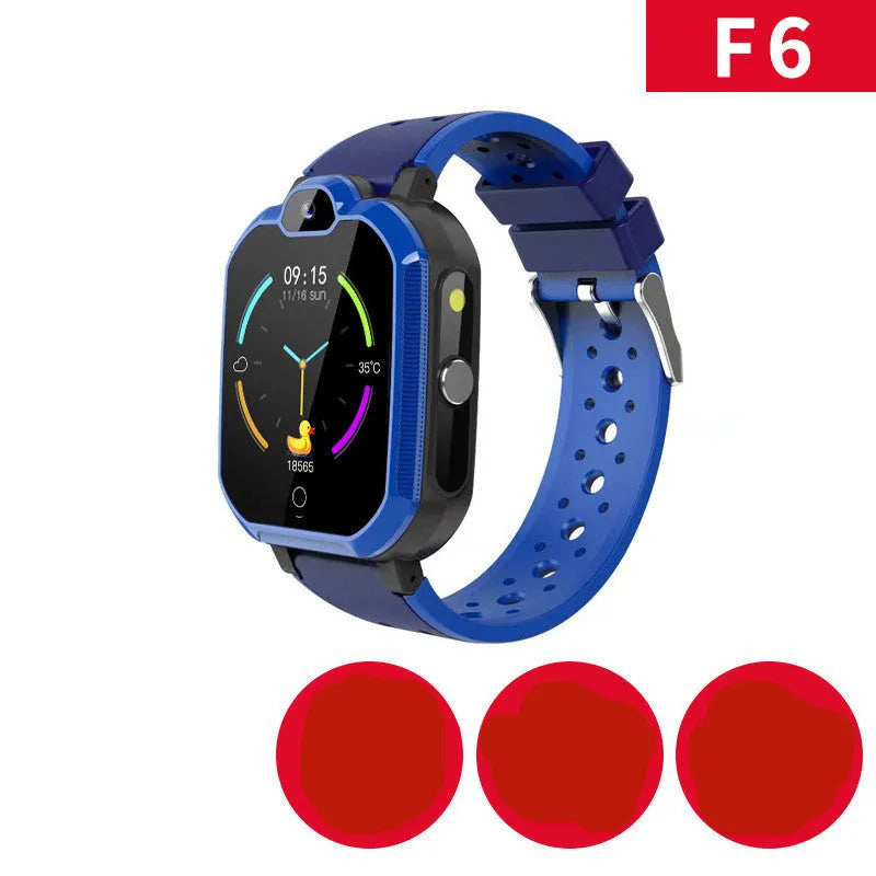Blue children's smart watch with a 1.44-inch screen on a silicone strap, showing GPS and video call icons.