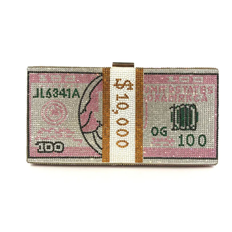 Women's crystal diamond cash dollars clutch purse chain handbag with US dollar banknote pattern, PVC material, 20.5cm size
