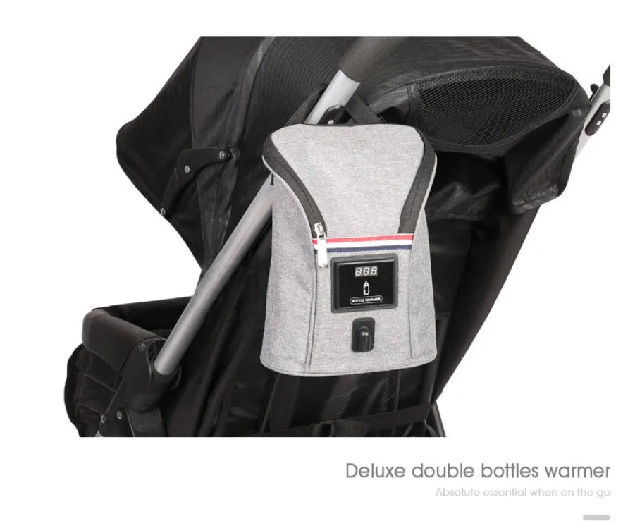 Grey Oxford cloth portable car baby bottle warmer with digital display and car charger
