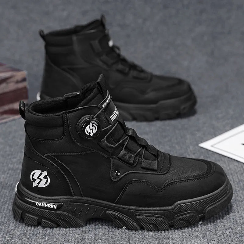 Men's non-slip thick bottom high-top casual shoes in black with artificial PU upper and low heel