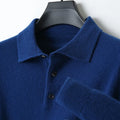 Men's grey wool pullover sweater with a polo collar and long sleeves on a hanger.