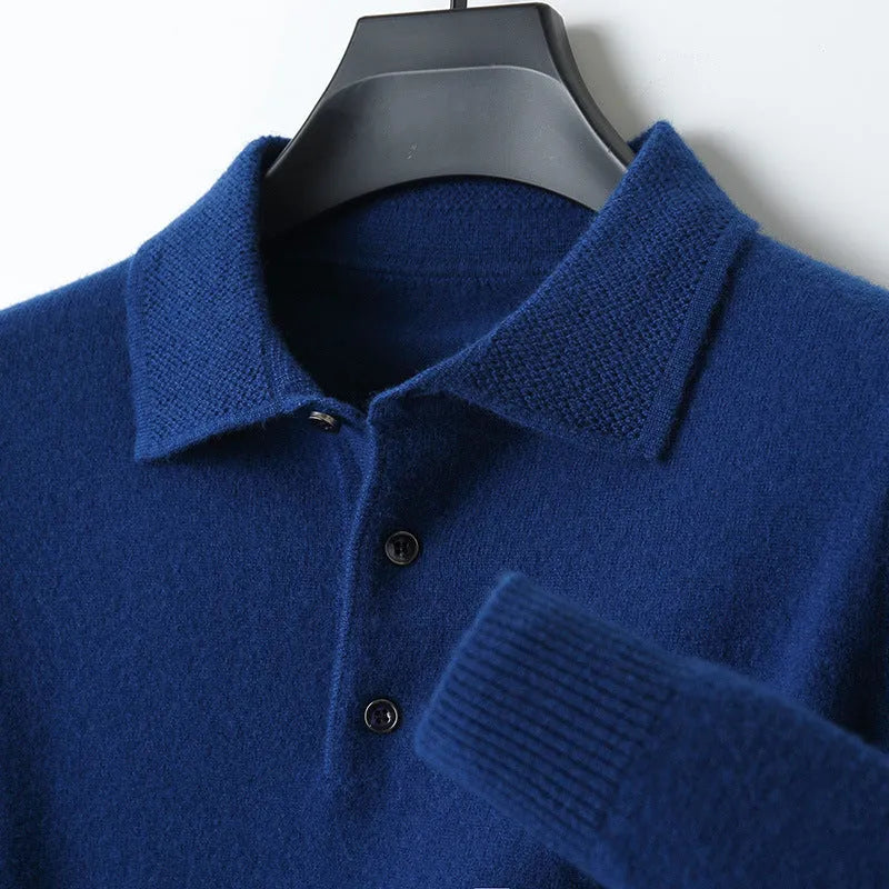 Men's grey wool pullover sweater with a polo collar and long sleeves on a hanger.