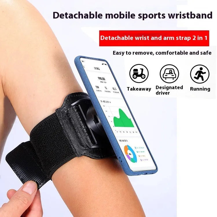 Black mobile phone holder worn on wrist showing smartphone compatibility for delivery and sports use