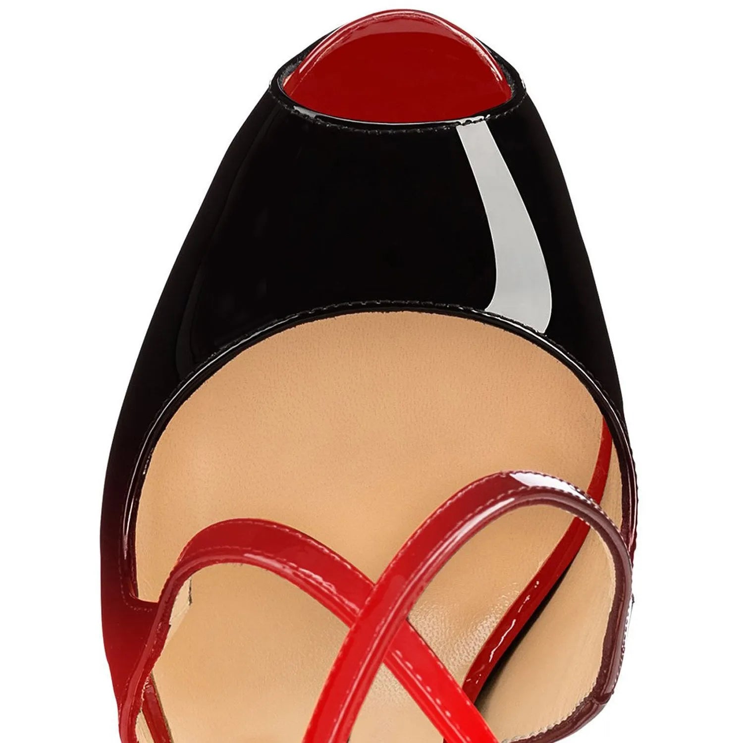 Black and red women's peep toe high heel shoes with cross ankle straps and a high heel