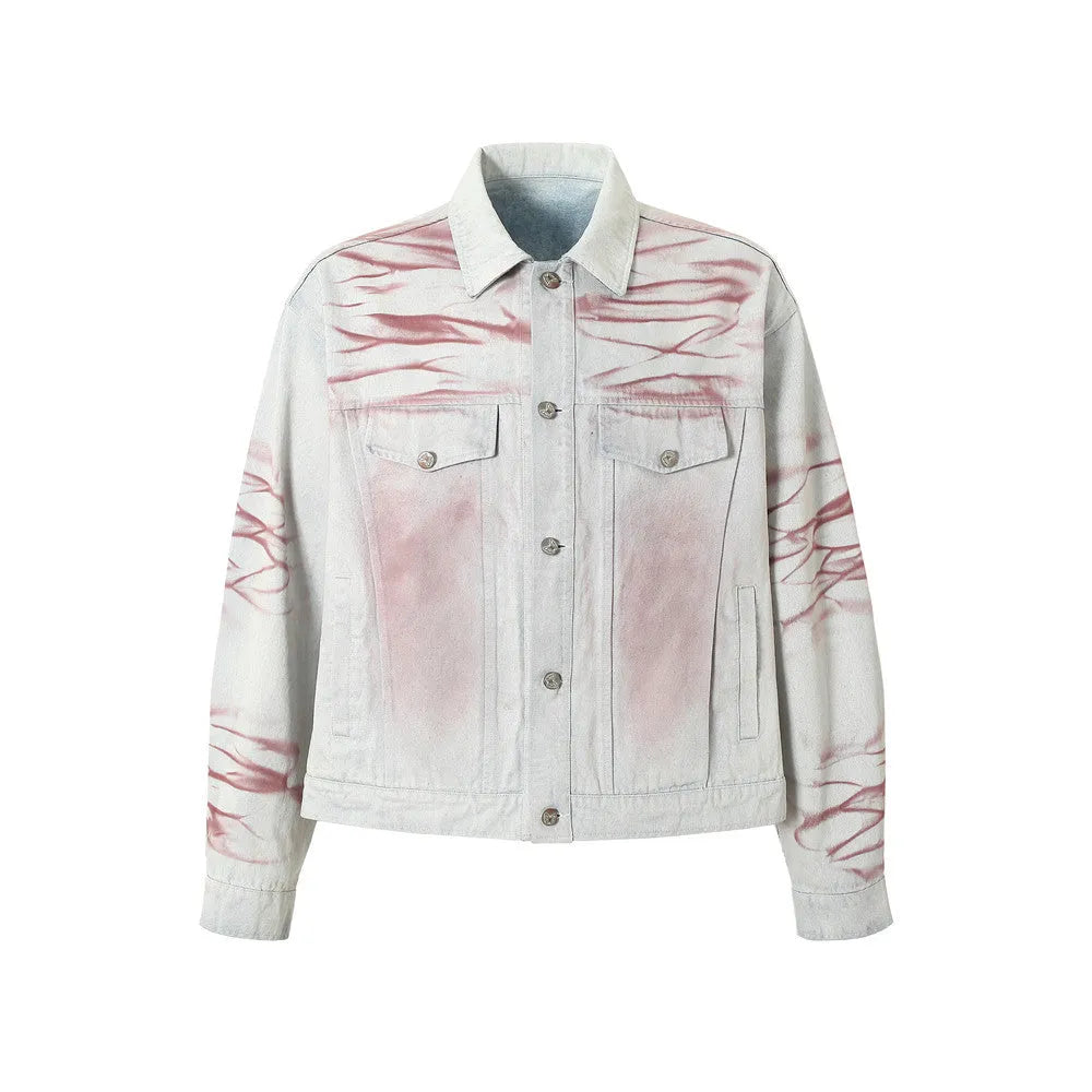 Blue inkjet tie-dyed cotton denim loose jacket for men, long sleeves, straight hem, casual wear