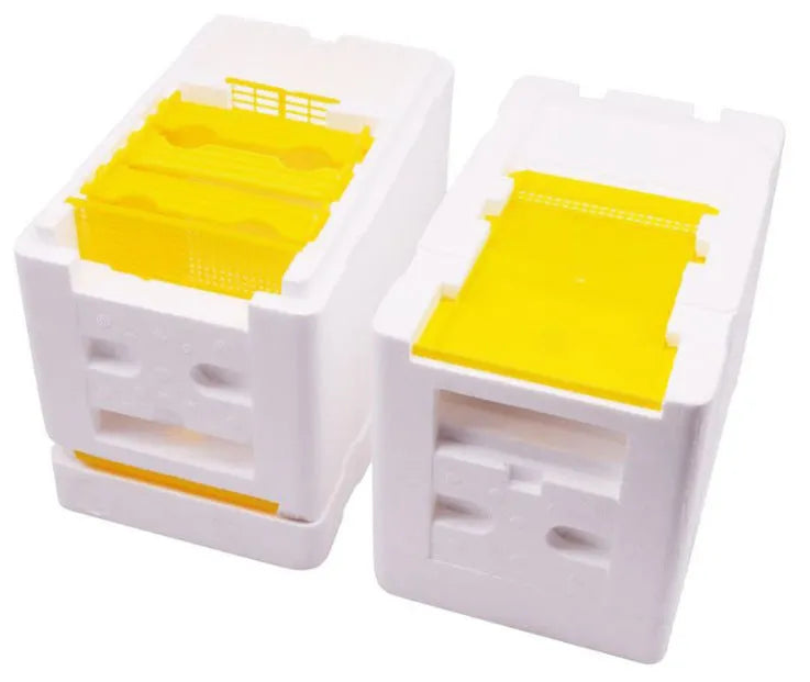 Set of three white EPS foam mini delivery boxes for queen bee rearing and breeding, with foam texture visible