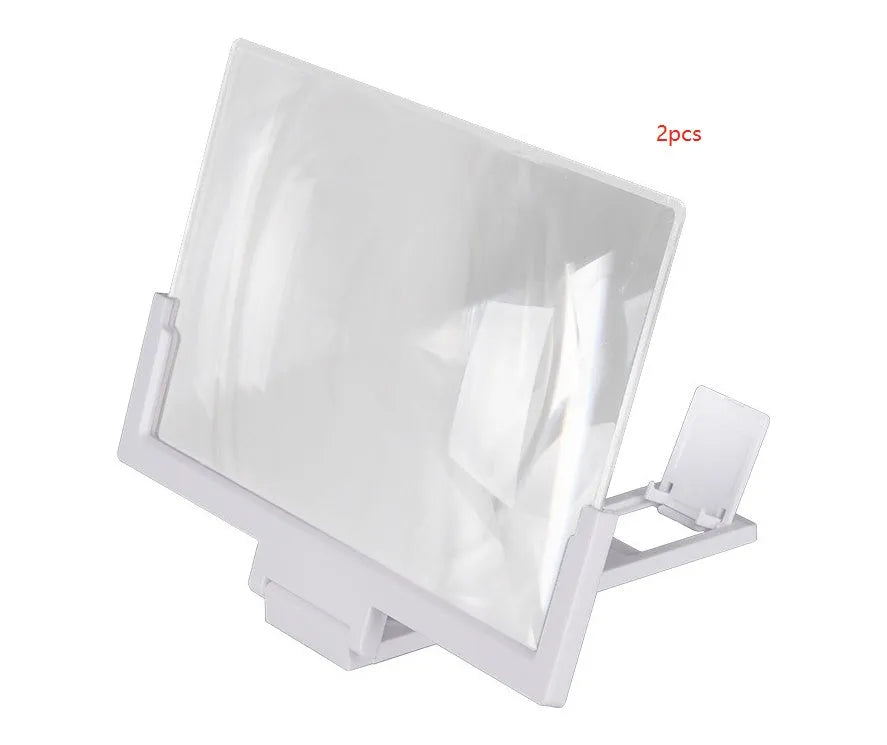 Mobile phone stand magnifier with black frame and clear acrylic screen showing magnification effect