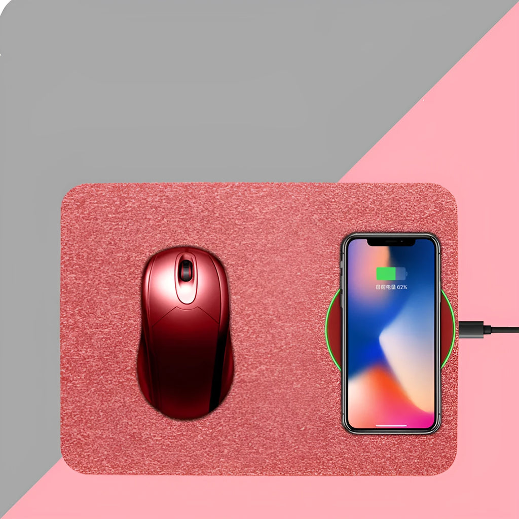 Wireless charging mouse pad with cloth surface measuring 30cm by 22cm in black, grey, blue, or pink colours