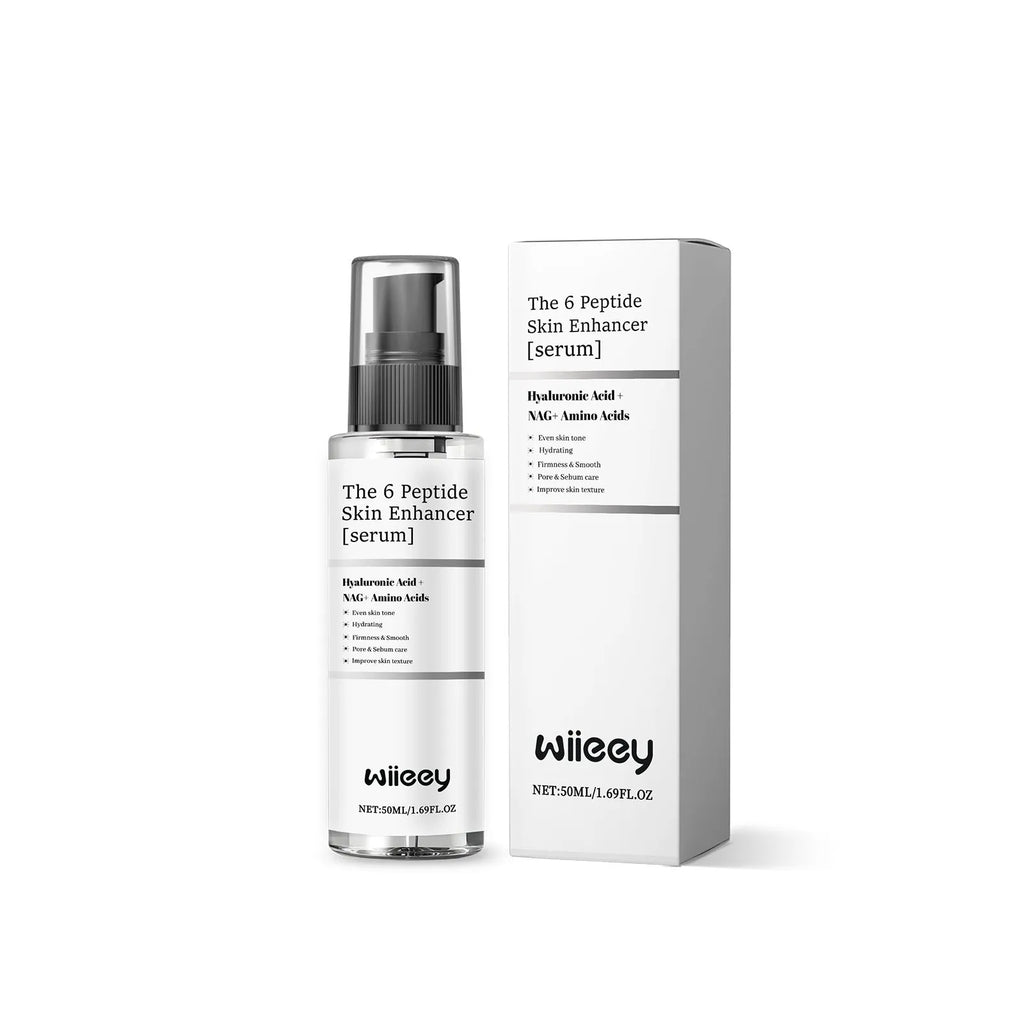 Skin enhancer serum bottle containing 50ml of formula with hyaluronic acid and peptide ingredients