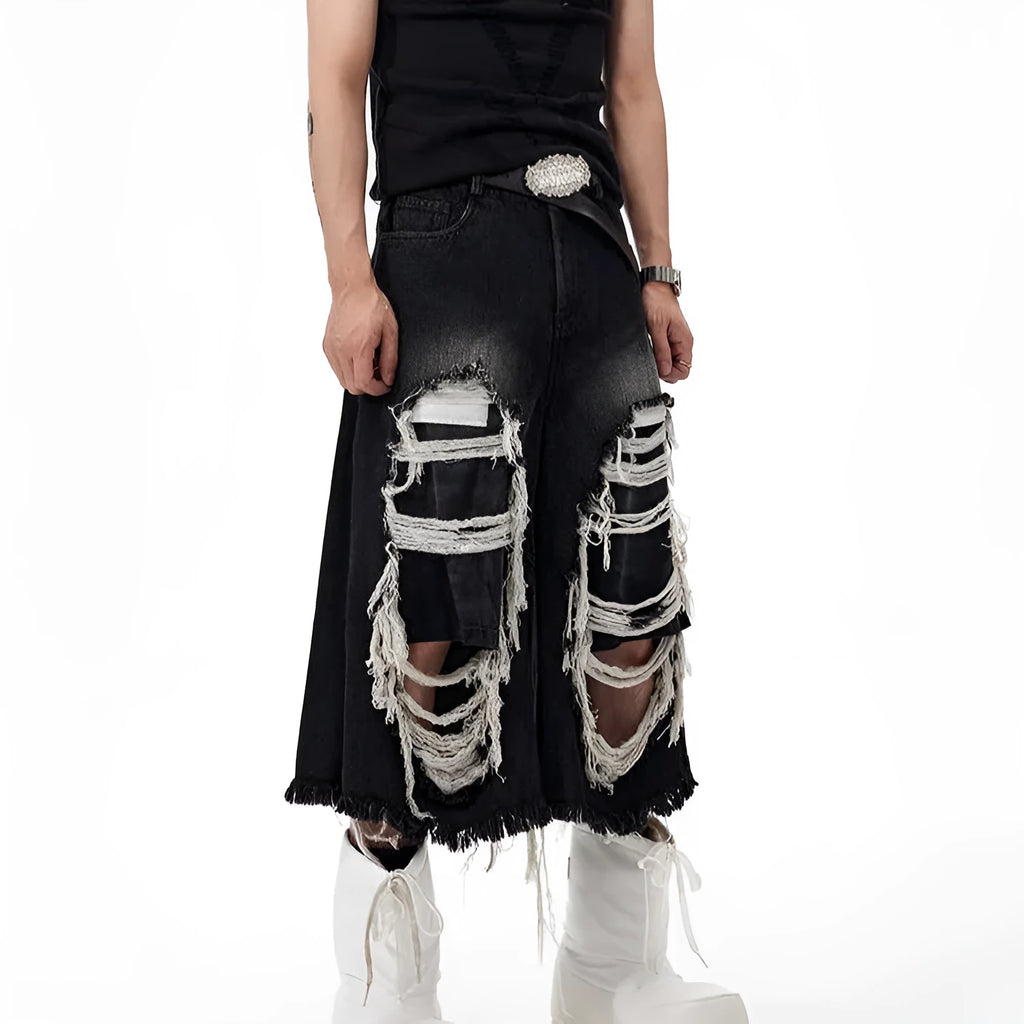 Cropped wide leg jeans mid-high waist black cotton denim ripped patch loose fit