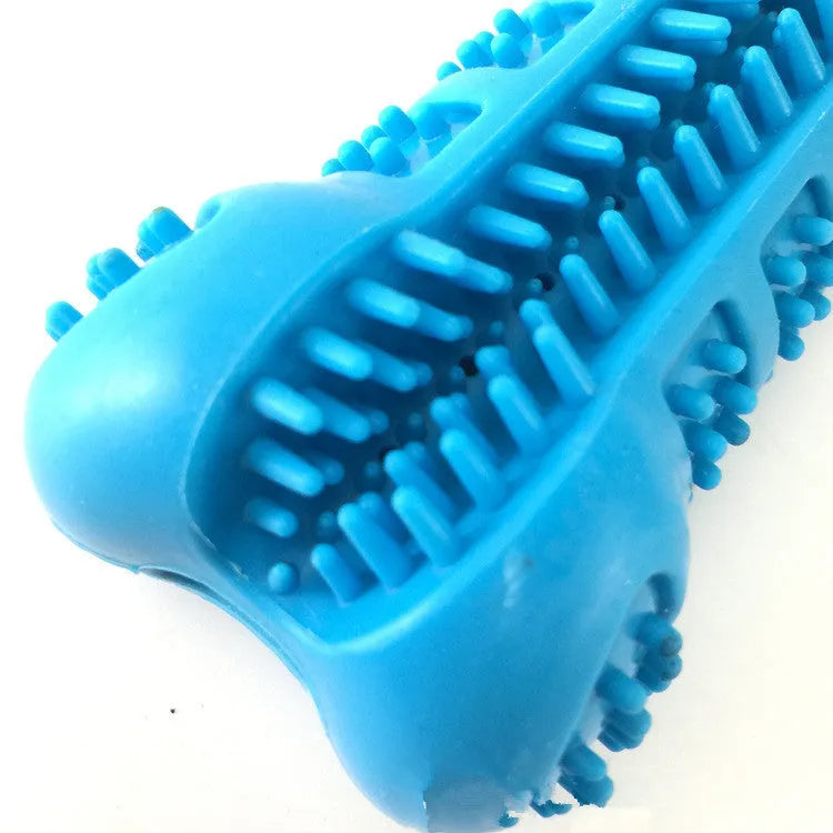 Bone-shaped silicone dog molar stick toothbrush in blue with bristles on all sides