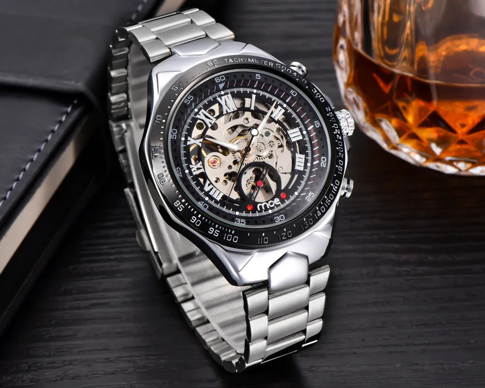 MCE automatic mechanical men's watch with explosion-proof and anti-magnetic features on stainless steel bracelet