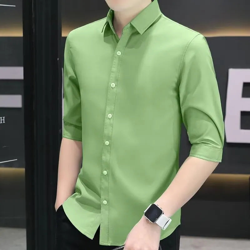Men's slim-fit half-sleeve shirt in linen blend fabric shown in light blue colour.