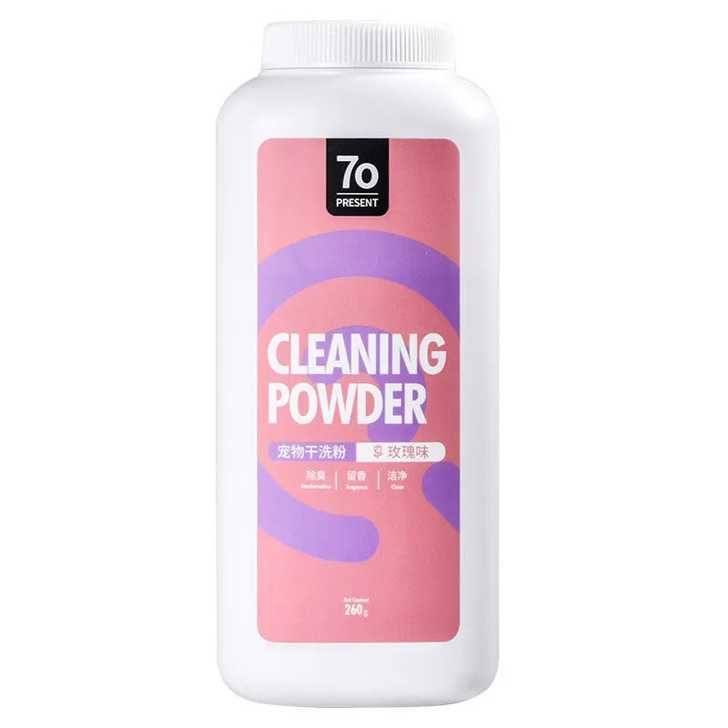 Dog pet dry cleaning powder 260g in packaging showing rose, Seville orange, and menthol flavours