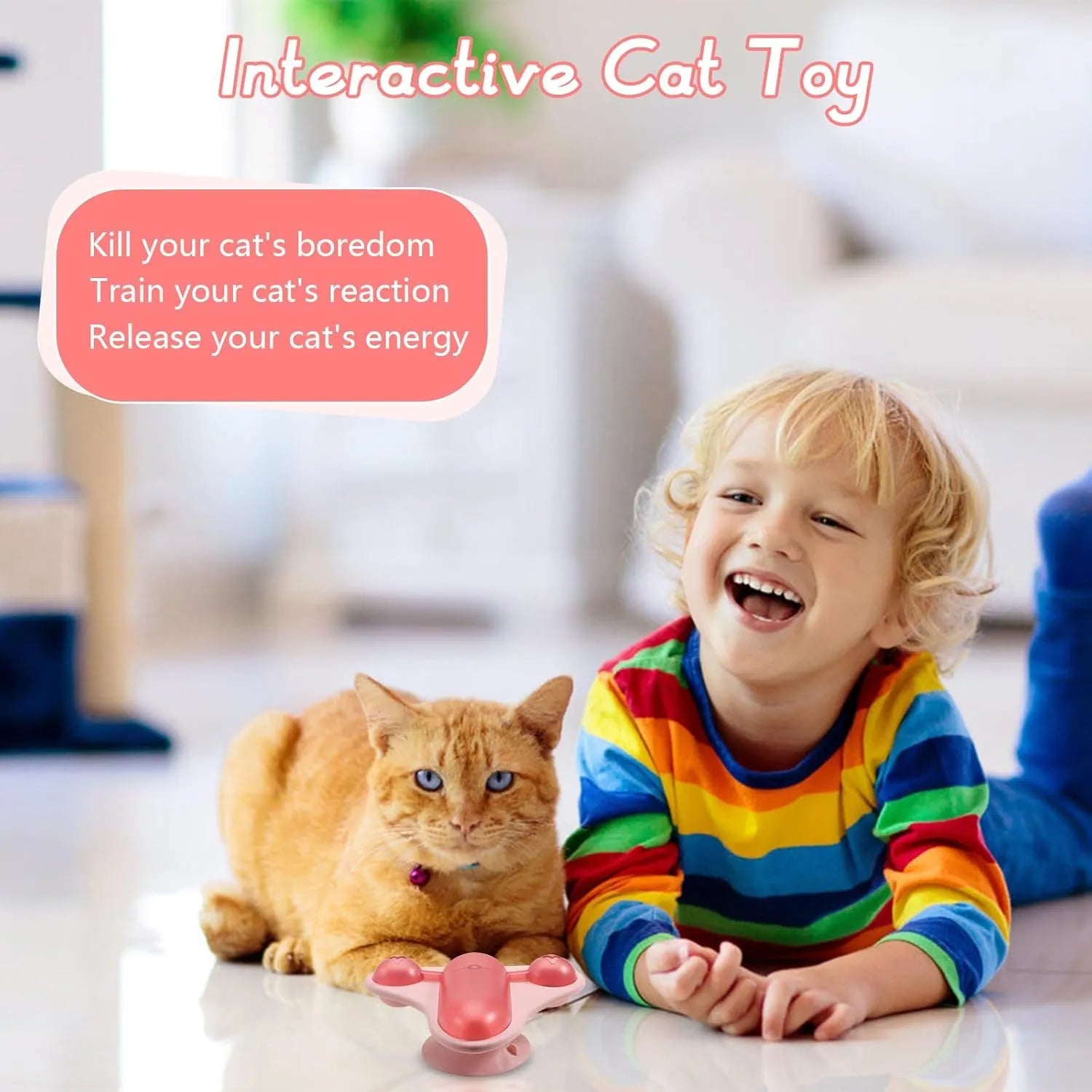 Blue interactive pet puzzle toy with aeroplane snack compartment, bell, and catnip on suction cup base