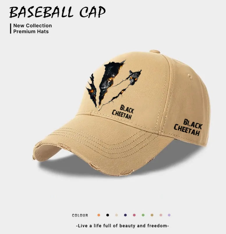 Men's polyester baseball cap shown in beige, black and blue colour options