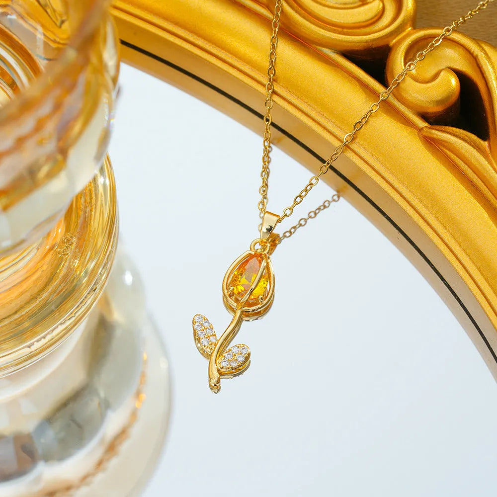 Women's zircon tulip necklace with adjustable chain in gold pink, yellow, purple, green, and white.