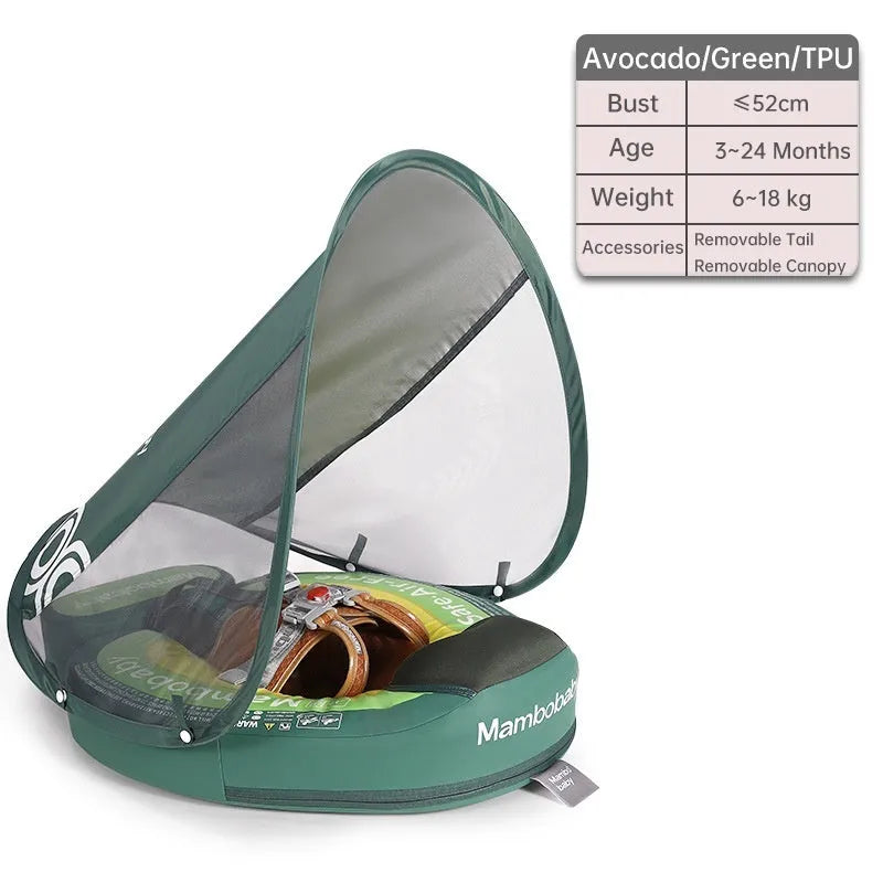 Avocado green dinosaur baby swimming ring with sun shade inflatable float for toddlers