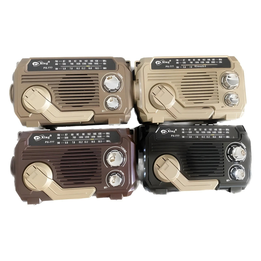 Hand portable radio with solar panel, aluminium alloy body, and Bluetooth speaker. 180x66x113mm size. Random colour.