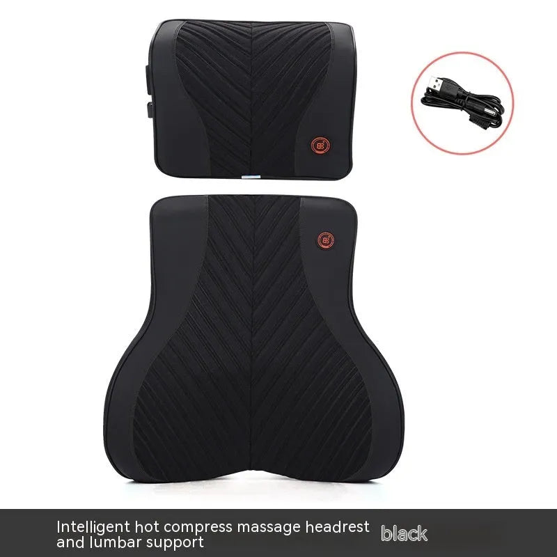 Black and orange electric heating massage car headrest and lumbar support cushion on a car seat.