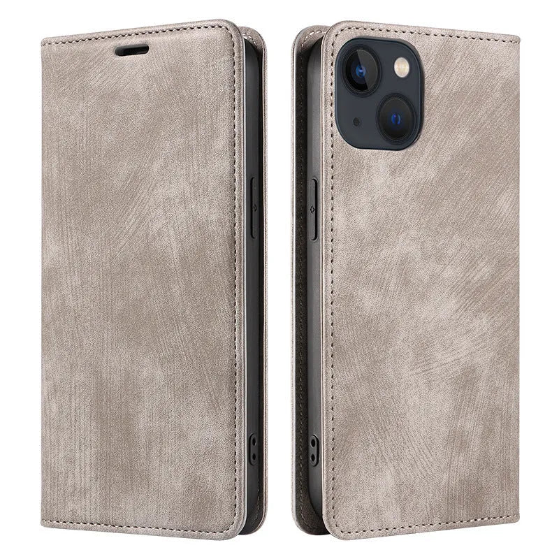 Magnetic flip phone case for iPhone in a solid colour, showing TPU frame and leather cover.