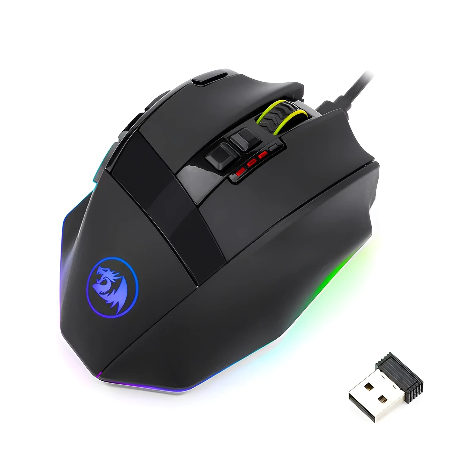 Black Redragon M801P dual mode gaming mouse with nine buttons and ergonomic design